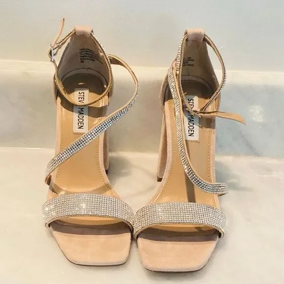Steve Madden Suede Rhinestone Embellished Block Heel Varali Sandals Nude Sz 7.5 - Picture 1 of 6